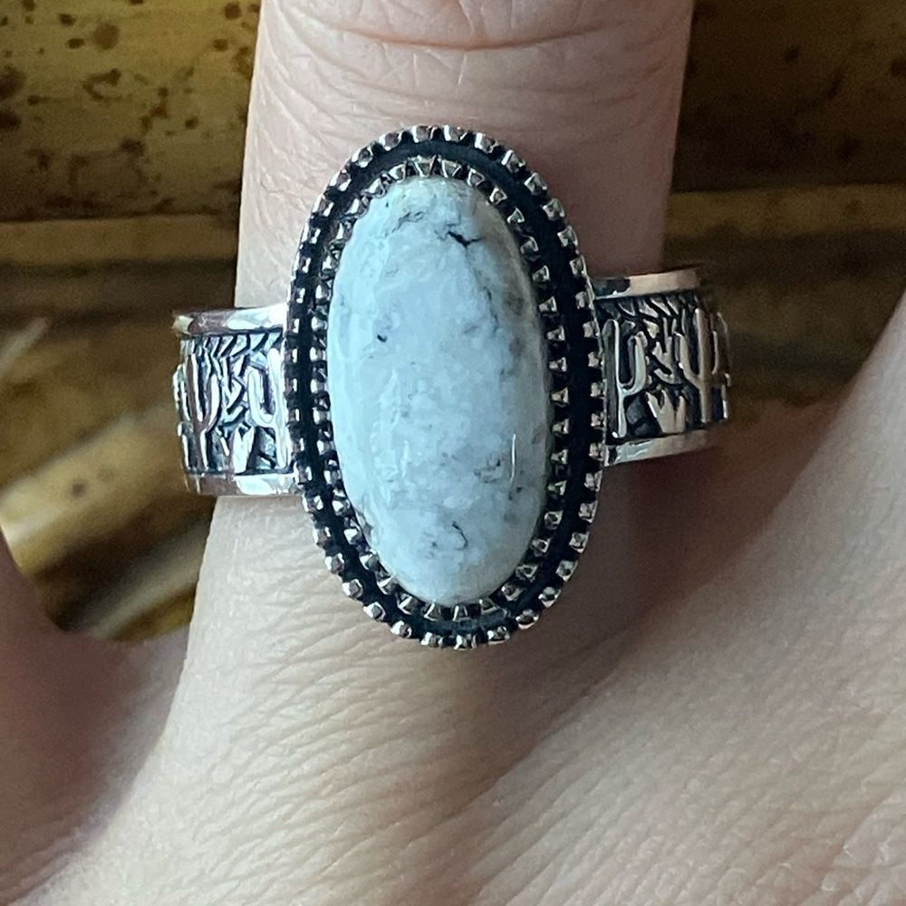 White Buffalo Turquoise Sterling Silver Cactus Ring Size 9